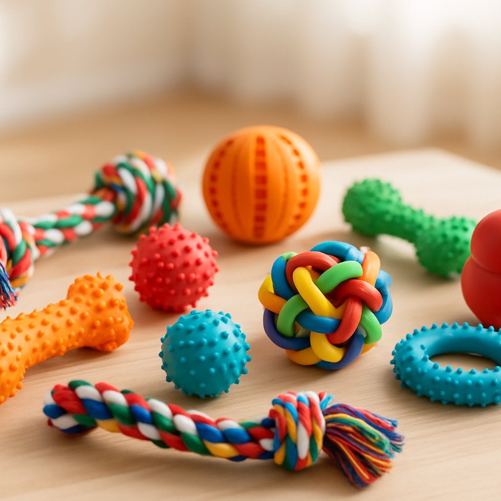 various dog toys laid out on a wooden table